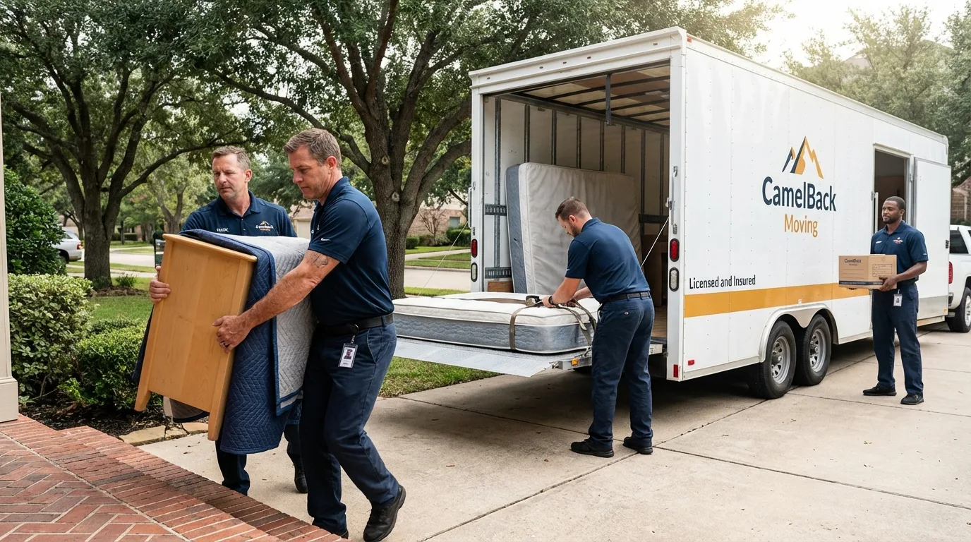 Crew loading residential truck for cross-state move from Montclair, CA