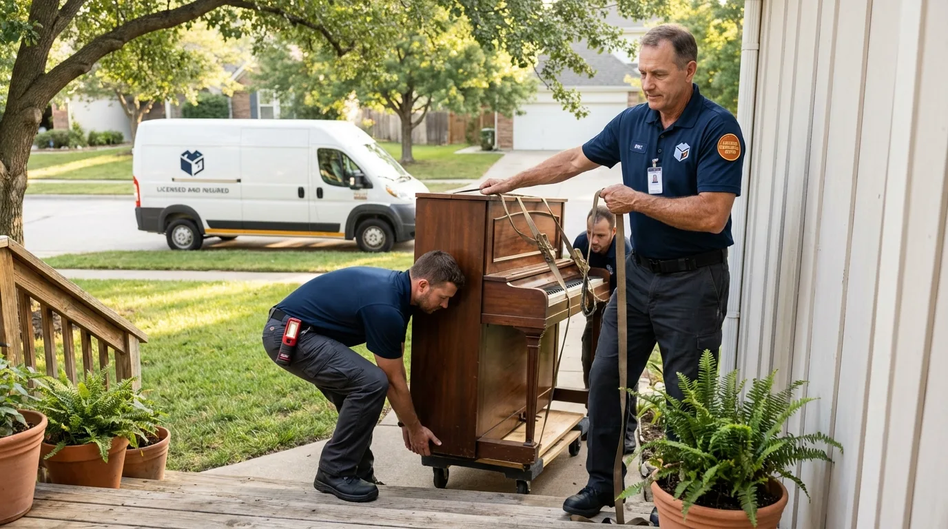 Licensed piano movers securing grand piano in Montclair, CA