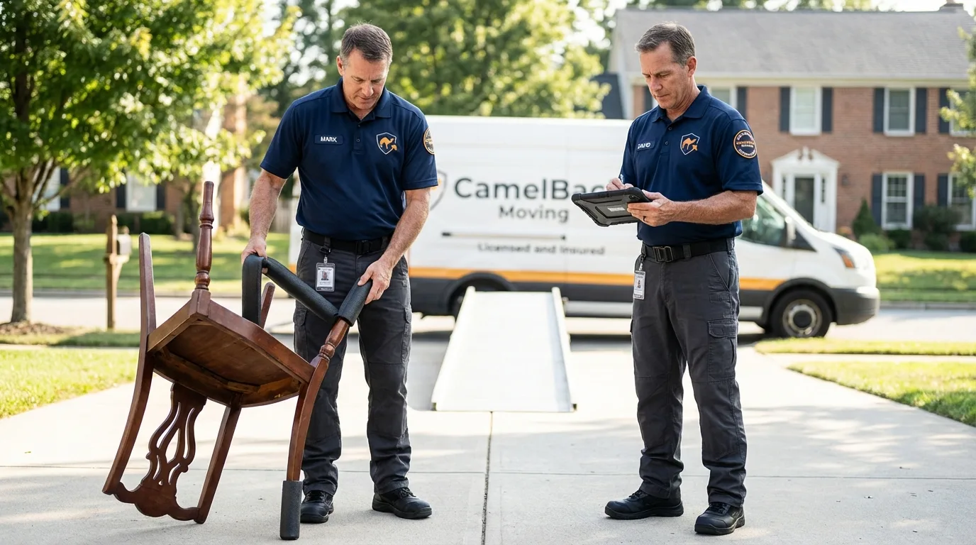 Movers inspecting furniture for damage prevention before loading in Montclair, CA