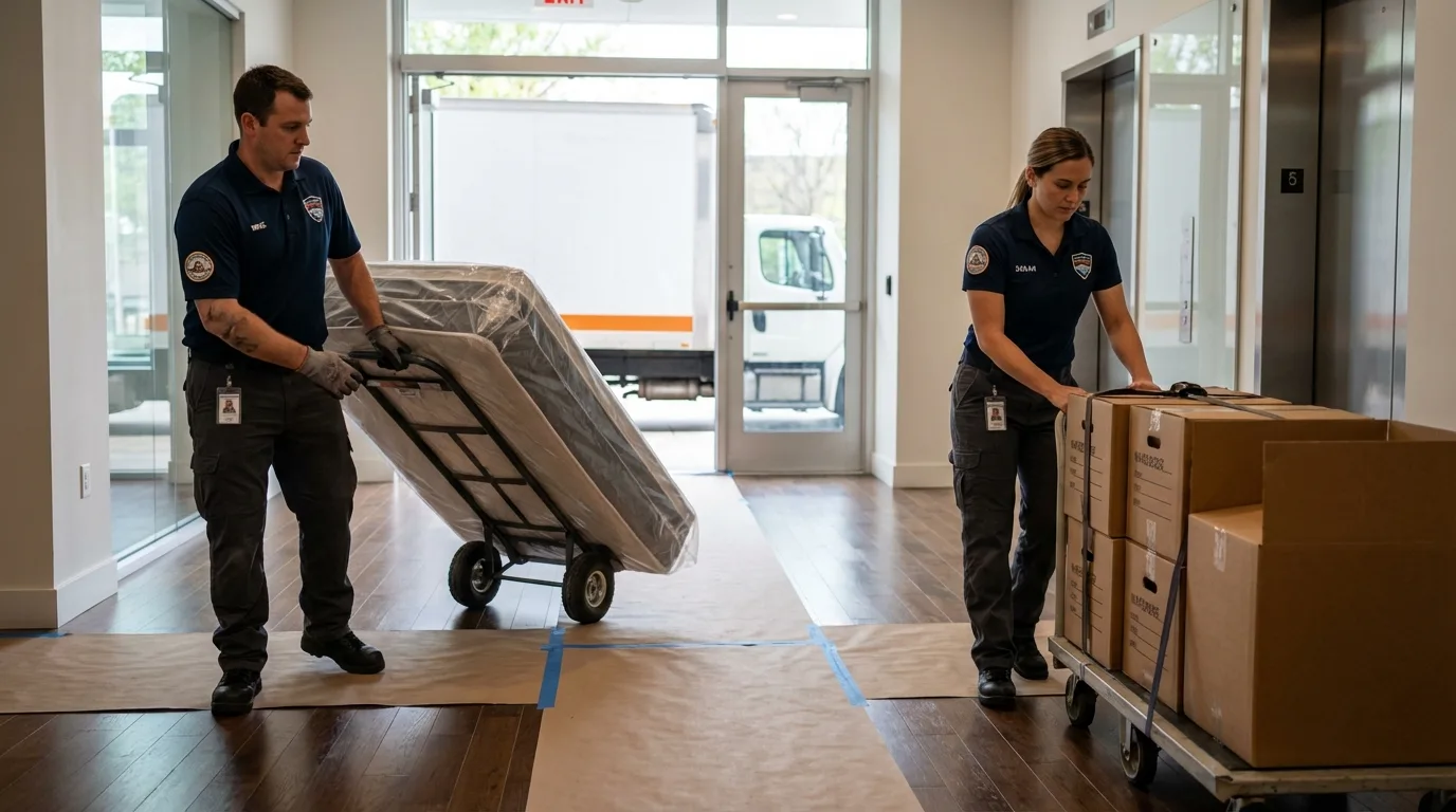 Professional apartment movers loading elevator in Montclair, CA