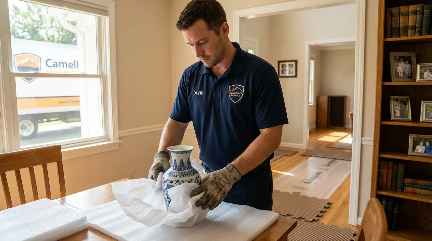 Professional crew carefully wrapping antique vase for senior downsizing move in Montclair, CA